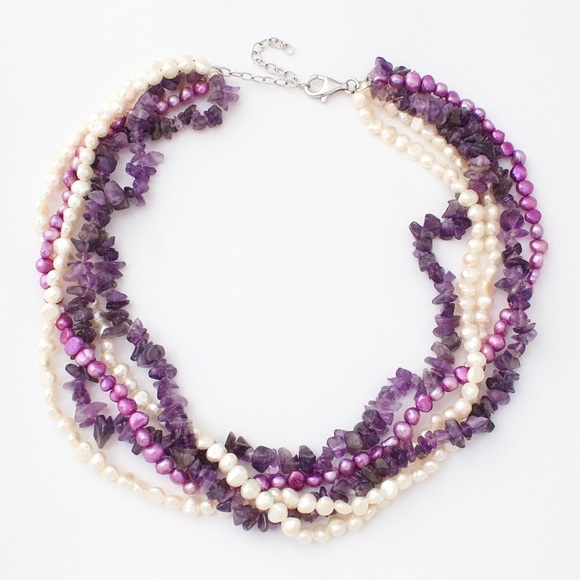 Vintage Genuine Pearl & Amethyst Multi-Strand Beaded Necklace Sterling Silver - Picture 2 of 6